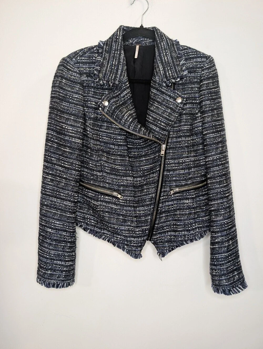 Free People Tweed Moto Jacket Blue Black Fringe Zip Cropped Jacket Small - Picture 2 of 6